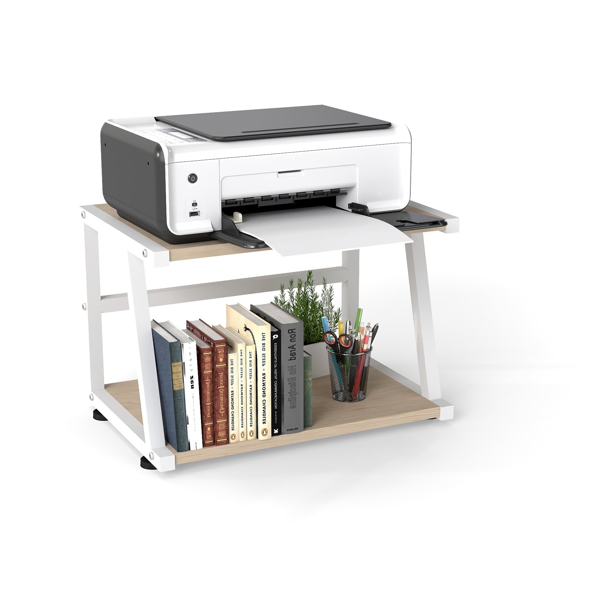 Printer Stand for Desk, 2 Tier Desktop Printer Shelf with Storage, Holder Stand Organizer for Home Office, Light Color