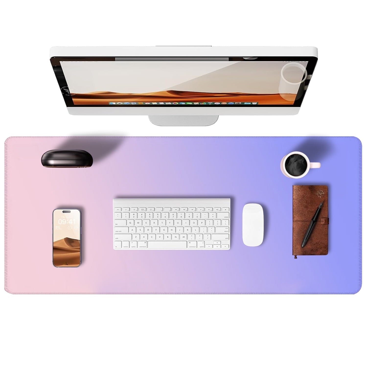 Large Desk Mat, Non-Slip Rubber Desk Pad Mat Protector for Mouse and Keyboard, Pink Purple Gradient Mousepad with Sti...