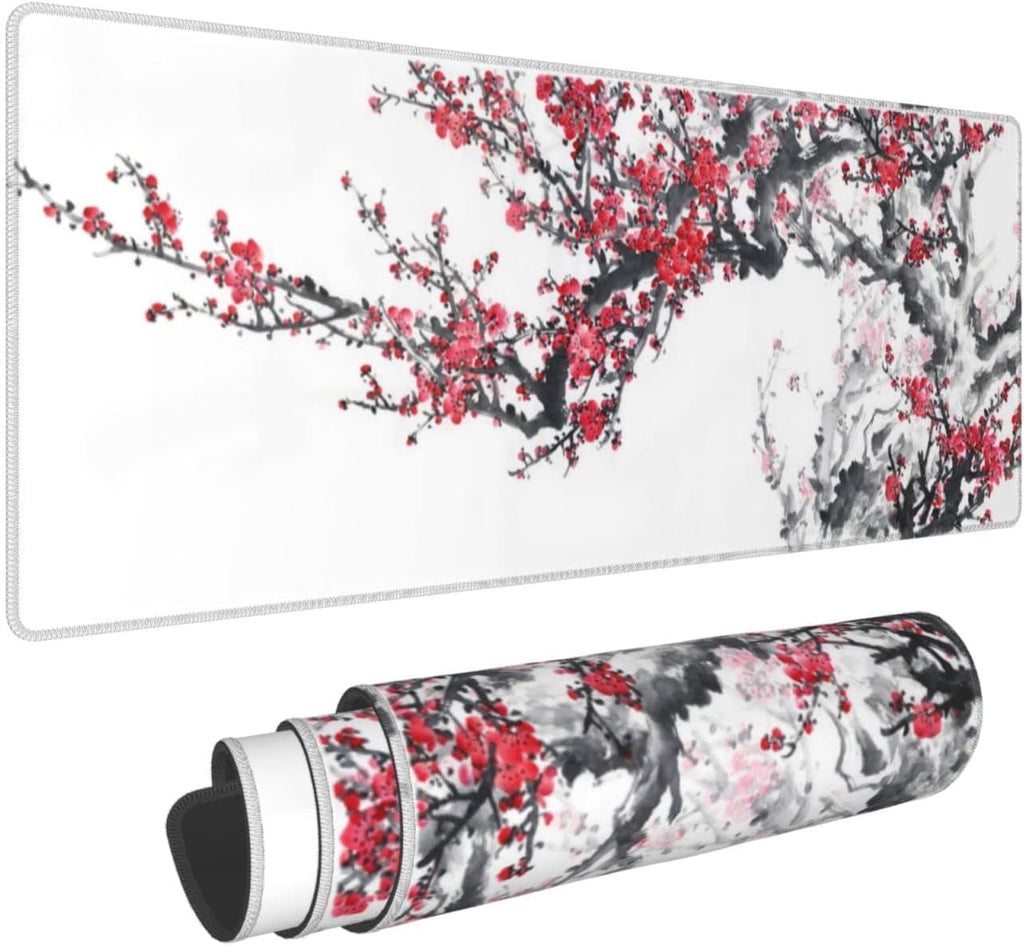 Large Gaming Mouse Pad, Plum Blossom XL Mousepad, Stitched Non-Slip Extended Keyboard Mats for Desk, Big Long Compute...
