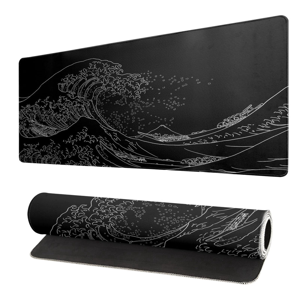 Large Japanese Sea Wave Mouse Pad, 31.5 x 11.8 Inch Extended Anime Gaming Desk Pad, Black Kanagawa Mat with Non-Slip ...
