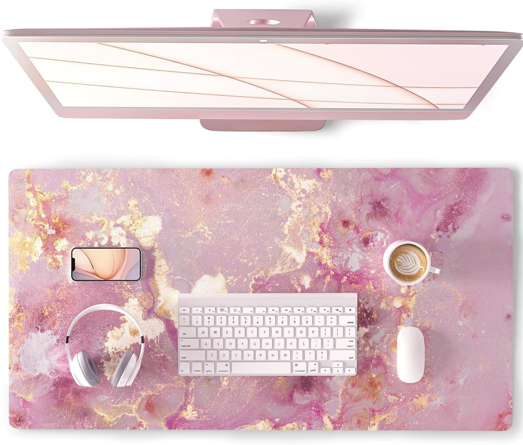 Large Mouse Pad, Cute Pink Desk Mat for Desktop, Women Girls PU Leather Waterproof Gaming, Rose Gold Marble Computer ...