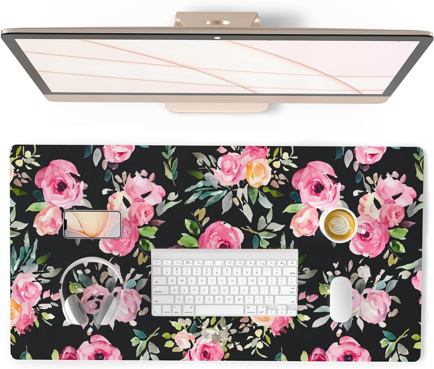 Large Mouse Pad for Desk, Cute Desk Mat for Desktop, Women Girls Pink Flowers Office Décor Desk Accessories, PU Leather Waterproof Big Gamin