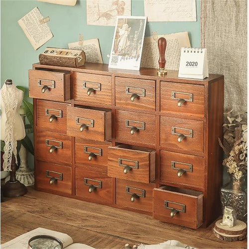 16 Drawers Desk Drawer Organizer Retro Apothecary Medicine Cabinet Wooden Storage Box Label Holder 20x4x14In