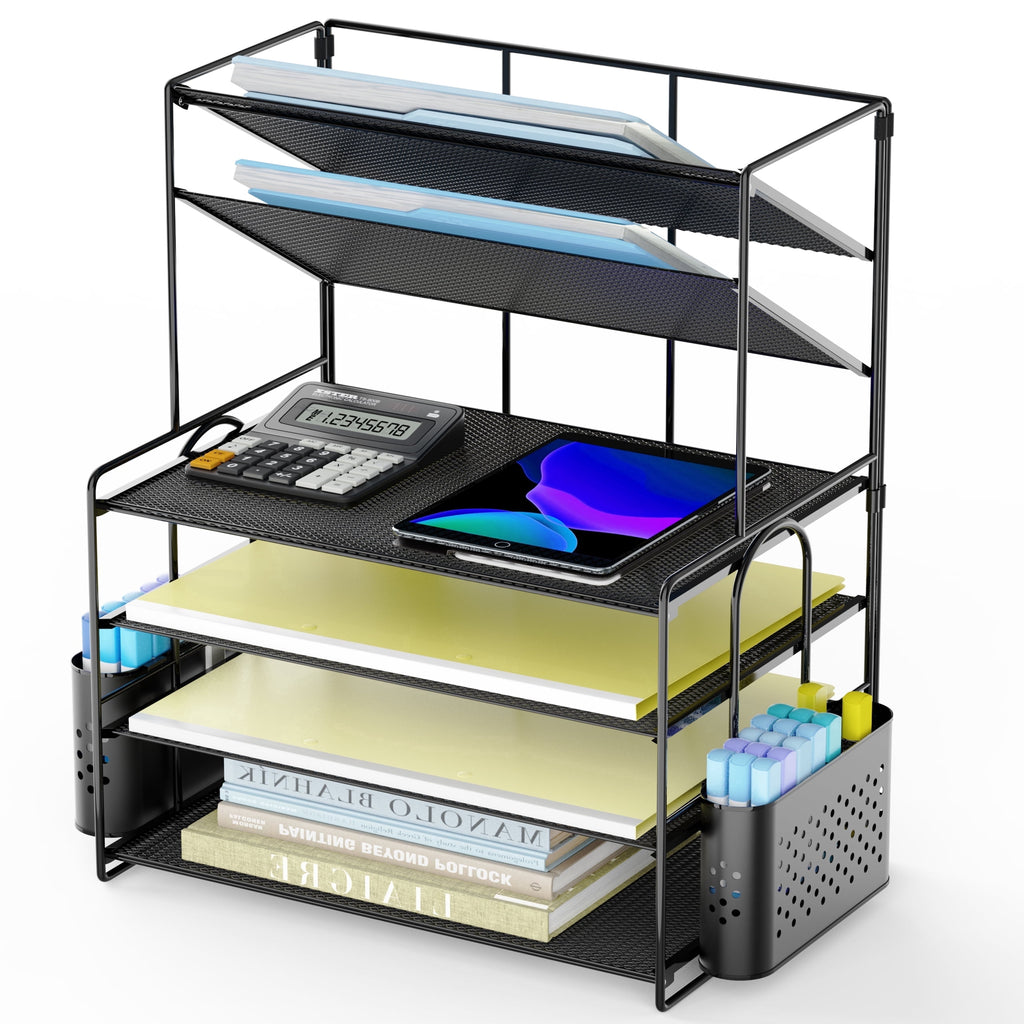 6 Tier Metal Desk File Organizer, Letter Tray Paper Organizer with Pen Holder, Black Desk Organizer