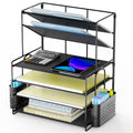 6 Tier Metal Desk File Organizer, Letter Tray Paper Organizer with Pen Holder, Black Desk Organizer