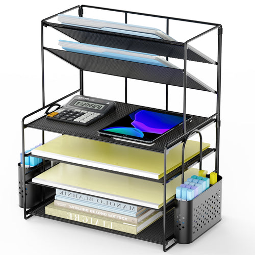 6 Tier Metal Desk File Organizer, Letter Tray Paper Organizer with Pen Holder, Black Desk Organizer
