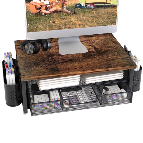 3-Tier Wooden Monitor Stand Riser with Drawer and Pen Holders, Desk Organizer and Accessories for Laptop, Office, Dor...