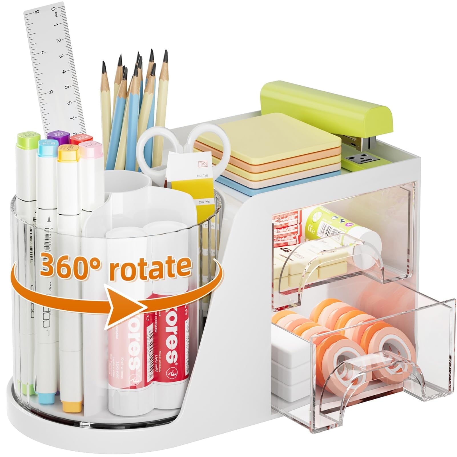 with 2 Drawer, 360°Rotating Pen Holder for , s and Accessories with 6 Slots Pencil + 2 Drawer，1 Pack (White)