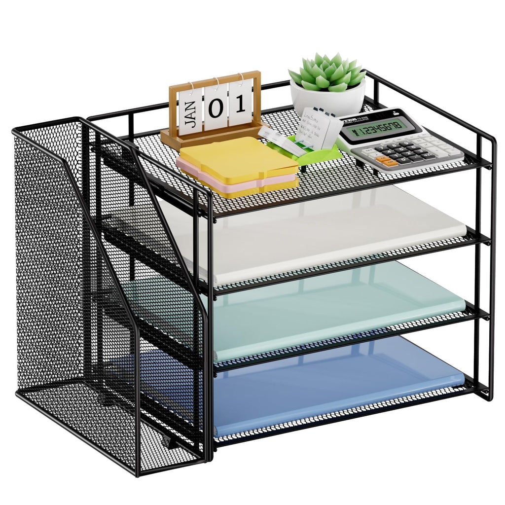and Accessories，4-Tier Paper Letter Tray with File Holder for Home Office Supplies (Black)1 Count