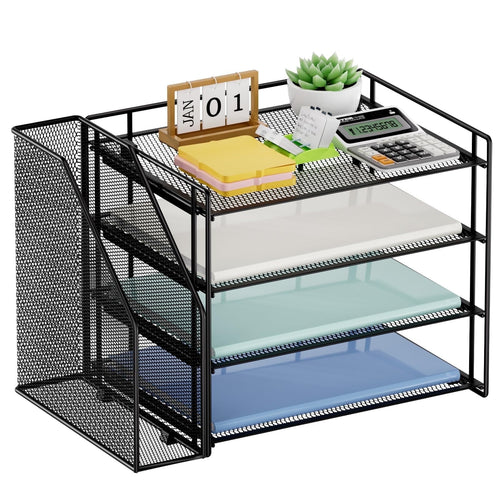 and Accessories，4-Tier Paper Letter Tray with File Holder for Home Office Supplies (Black)1 Count