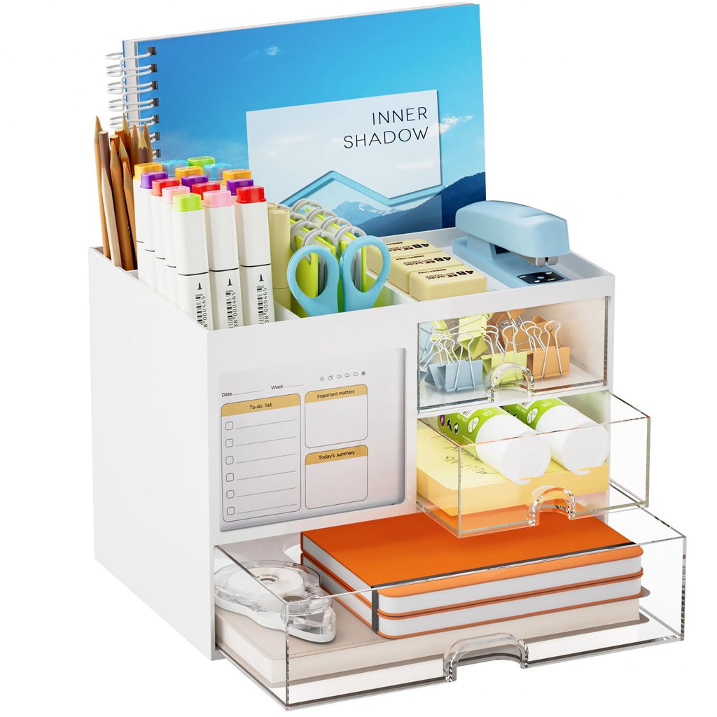 with 3 Drawer， s and Accessories with 4 Compartments，Multi-Functional Pencil Pen Holder for ,1 pack