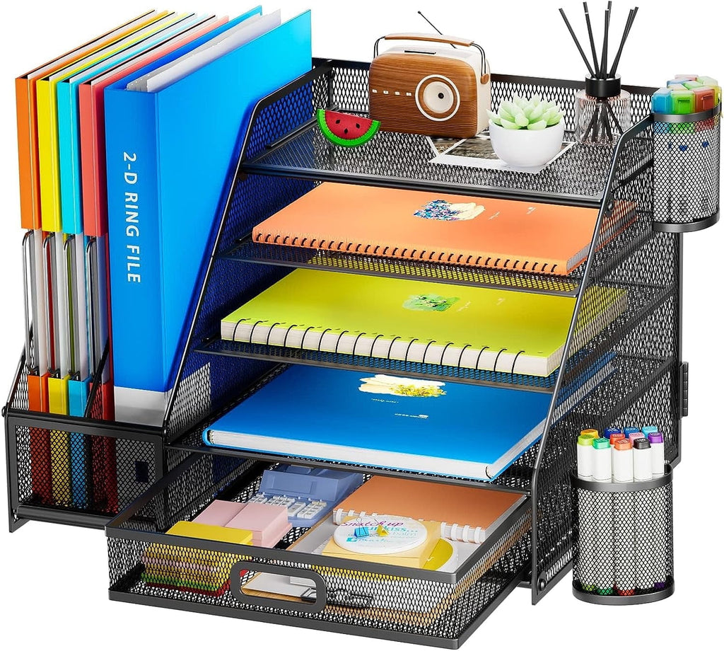 Desk Organizer with File Holder, 5-Tier Paper Letter Tray Organizer with Drawer and 2 Pen Holder, Mesh Desk Organizer...