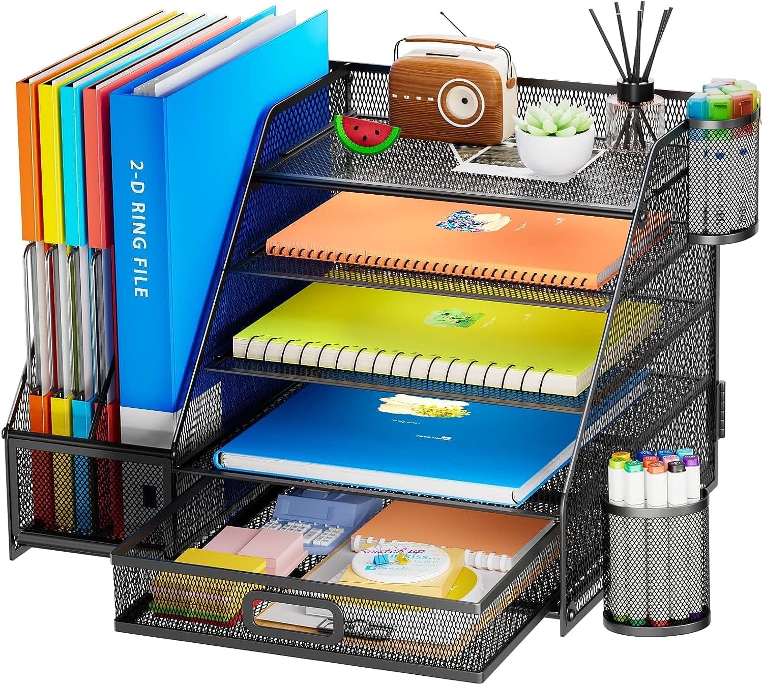 Desk Organizer with File Holder, 5-Tier Paper Letter Tray Organizer with Drawer and 2 Pen Holder, Mesh Desk Organizer...