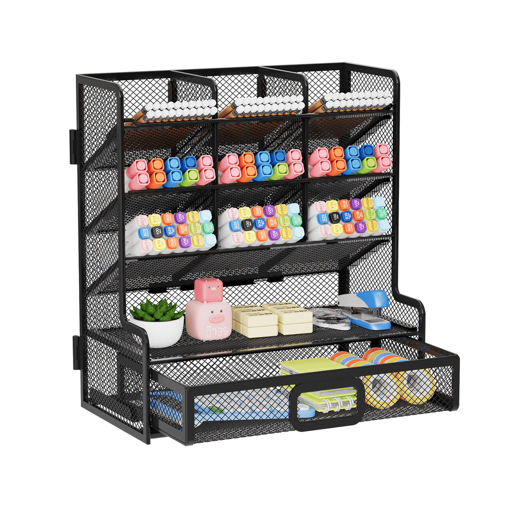 Mesh Desk Organizer with Drawer, Multi-Functional Pen Pencil Holder,Desk Organizers and Accessories( Black)