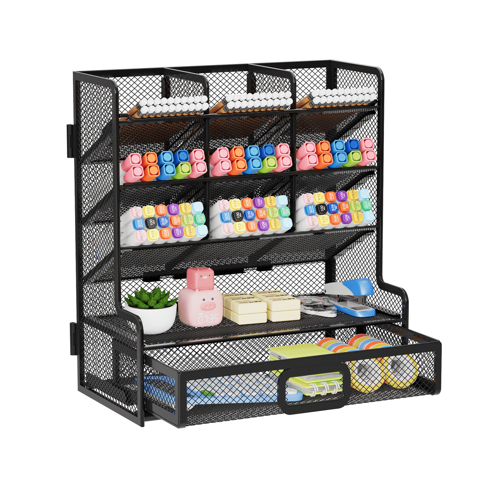 Mesh Desk Organizer with Drawer, Multi-Functional Pen Pencil Holder,Desk Organizers and Accessories( Black)