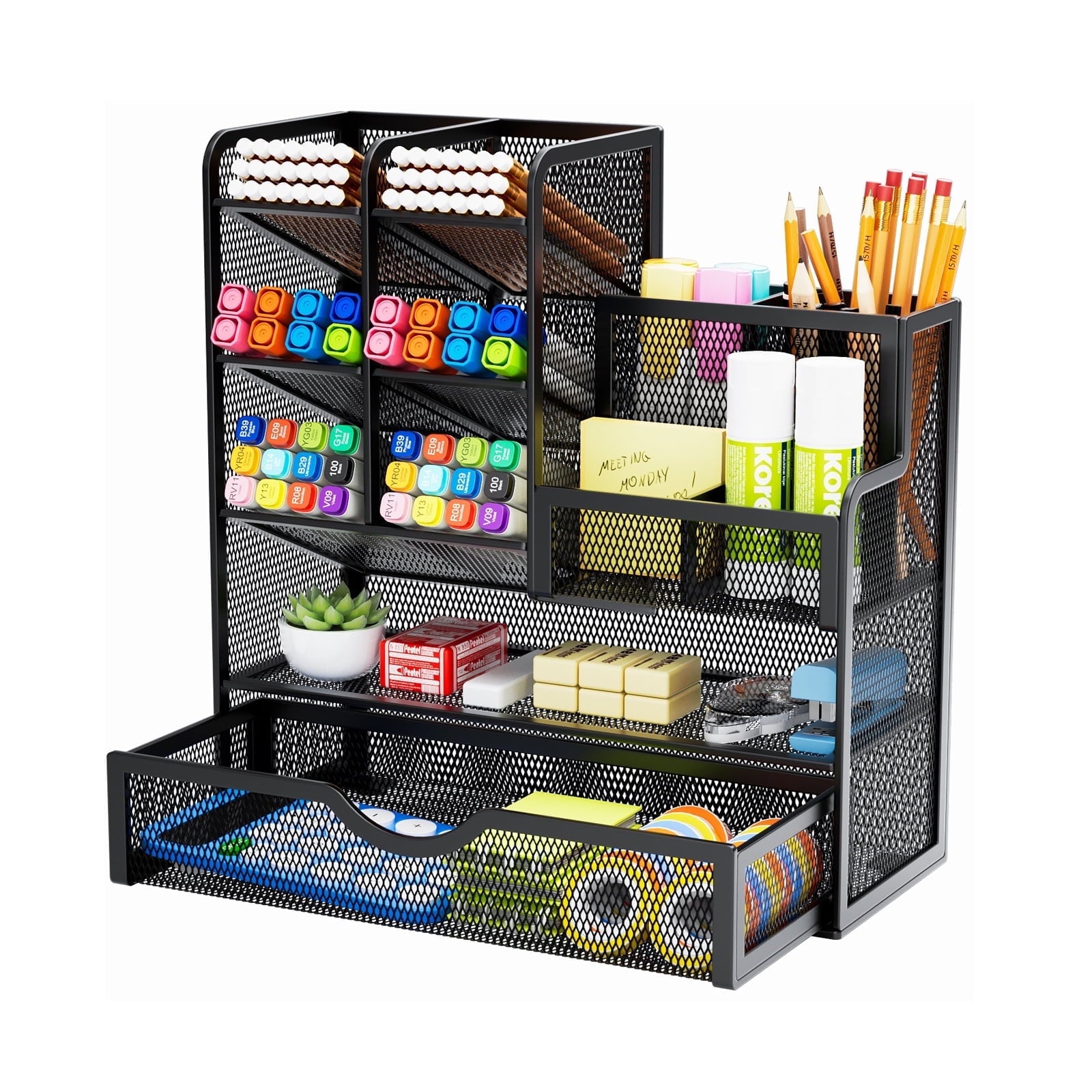 Holder for Desk, Desk Organizer with Drawer, Multi-Functional cil Organizer, Accessories for Office Art Supplies (Black)