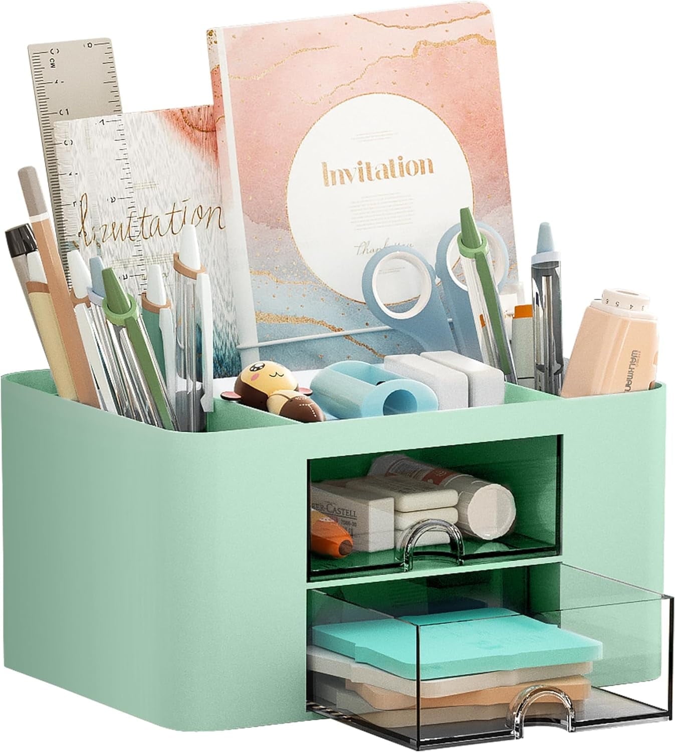 with 2 Drawer, Multi-Functional Plastic cil Holder for Desk, Desk s and Accessories with 5 Compartments (Green)
