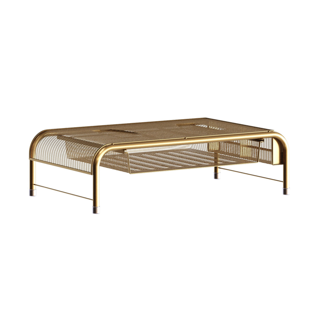 Ryder Gold Mesh Metal Desktop Monitor Stand Riser with Organizer Drawer and Side Storage