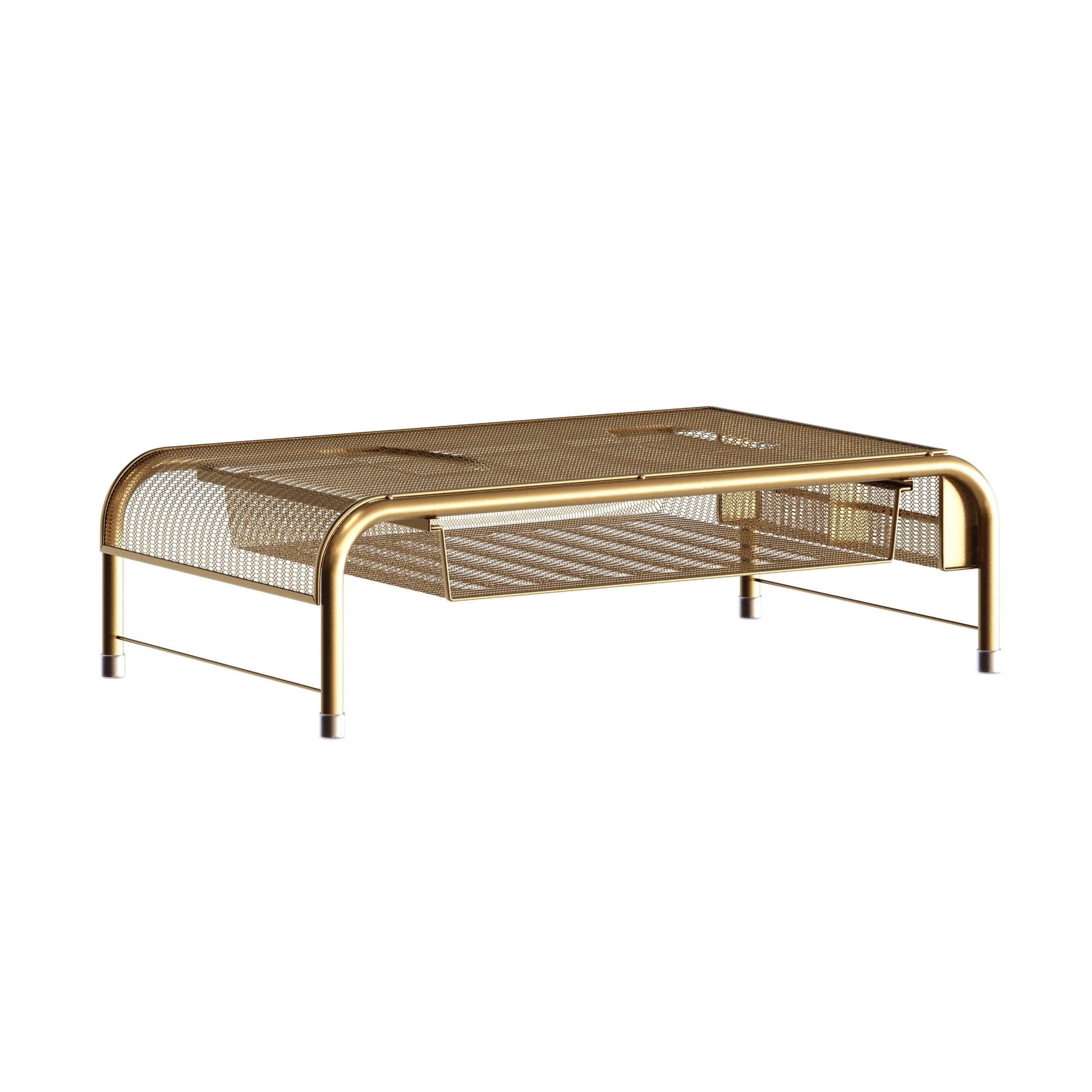 Ryder Gold Mesh Metal Desktop Monitor Stand Riser with Organizer Drawer and Side Storage