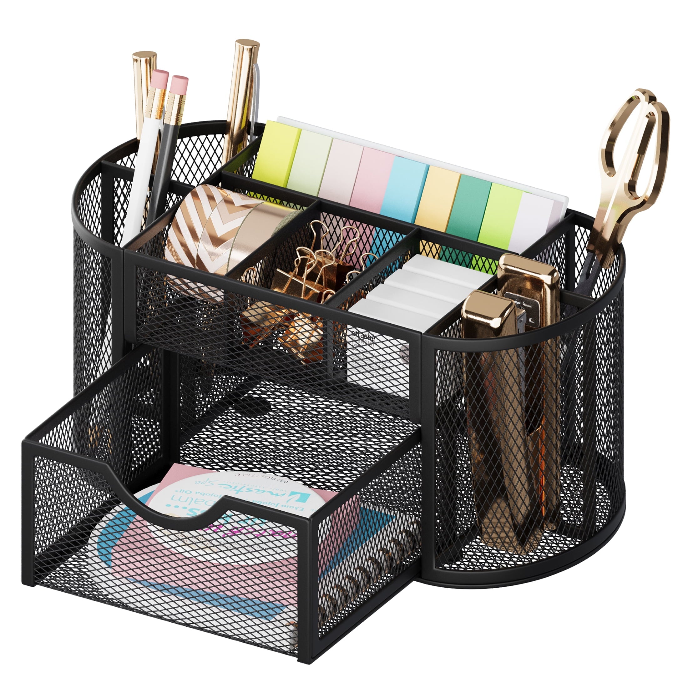 Pen Holder with Drawers Pencil Holder for Mesh Office Supply and Storage, Black