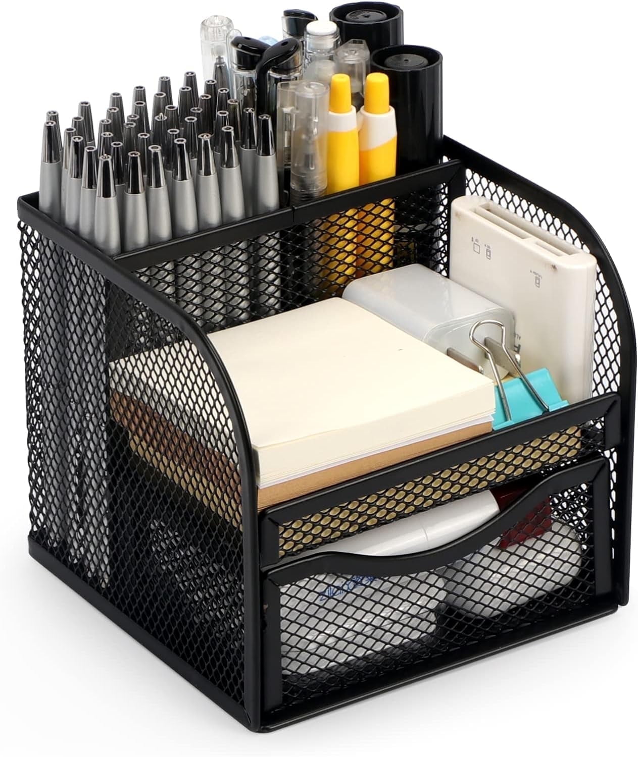 Mesh Desk Organizer with Drawer, 4 Compartments Metal Pen Holder, Black Square Desktop Storage for Office, Home
