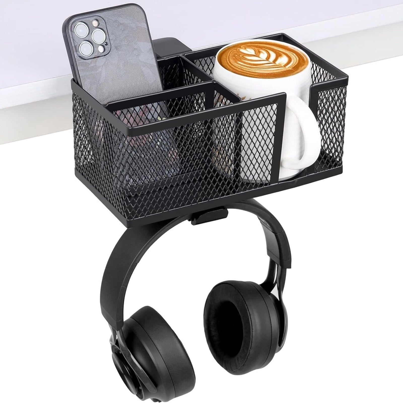 Metal Clip On Cup Holder, Black Metal Desktop Organizer, Desk Accessories Holder Clamp, No-Drill Easy Install for Cups, Bottles, Drinks, Hea