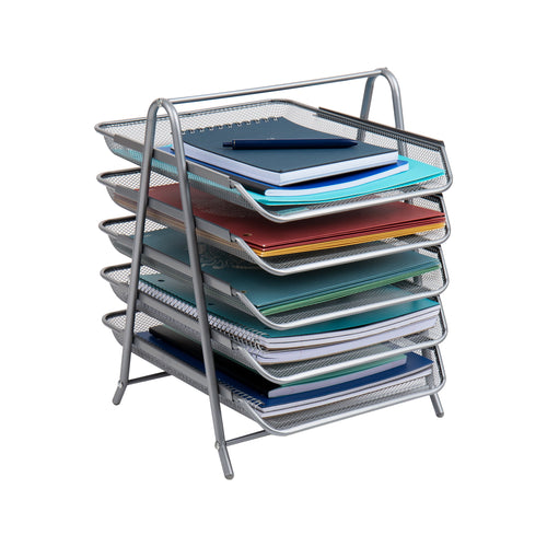 5-Tier Paper Tray, Desktop Organizer, File Storage, Office, Metal Mesh, Silver