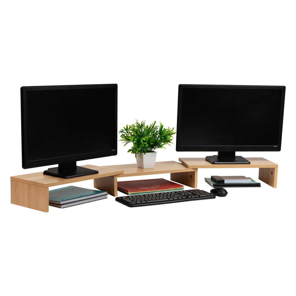Dual Monitor Stand, Desktop Organizer, Laptop Riser, Office, MDF, 51.25"L x 9.25"W x 4.75"H, Brown