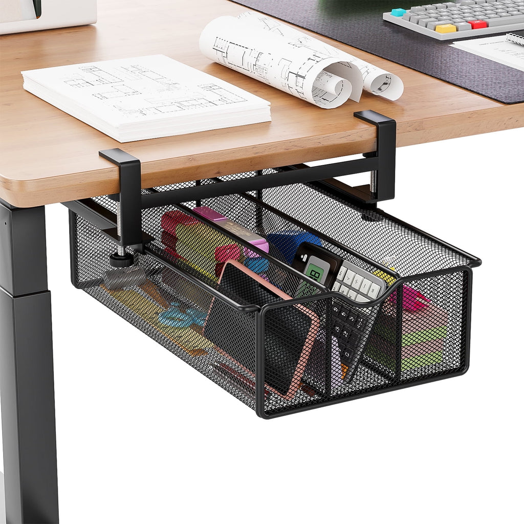 Under Desk Drawer Clamp-On Mesh Metal Under Table Storage Organizer Slide Out Caddy with 3 Compartments for Home & Of...