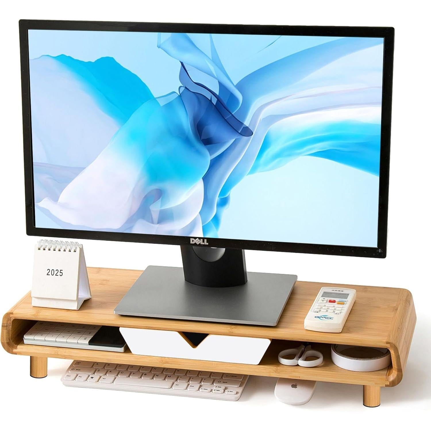 with Drawer, Exquisite Computer for Desk, Ergonomic Wood Riser for Computer,Laptop,Printer,TV,Bamboo,White