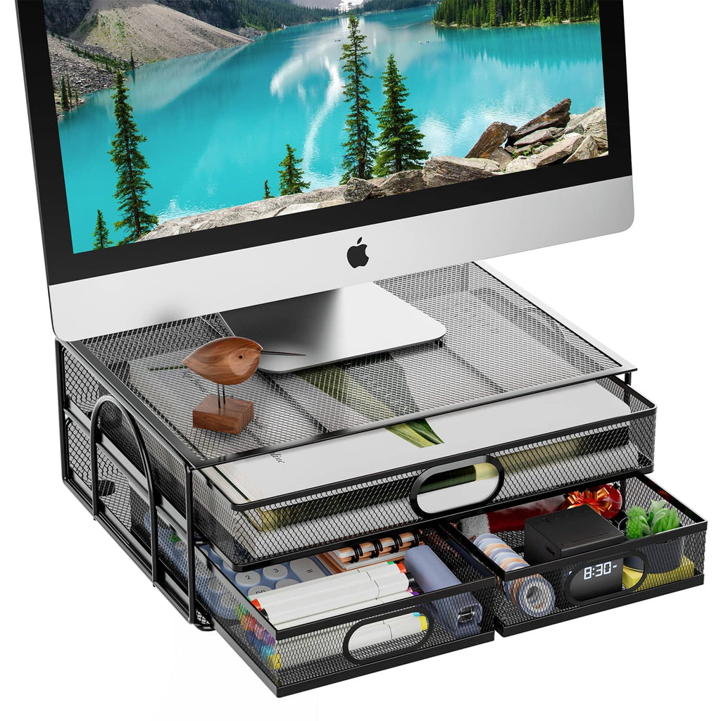 Monitor Stand with Drawer, Monitor Stand, Metal Mesh Desk Organizer with Three Pull Out Storage Drawers
