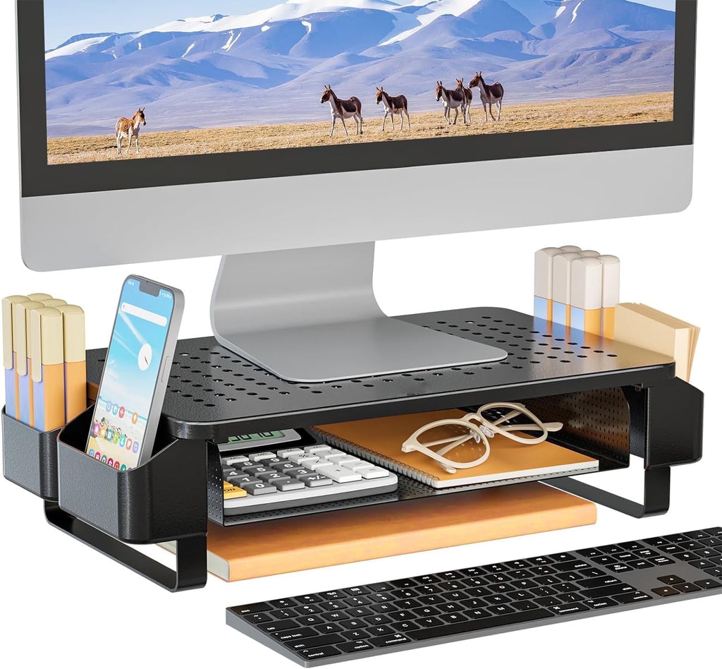Monitor Stand Riser with Pullout Storage, Desk Organizer with Ventilation Drawer, Desktop Computer Stand with Pen Hol...