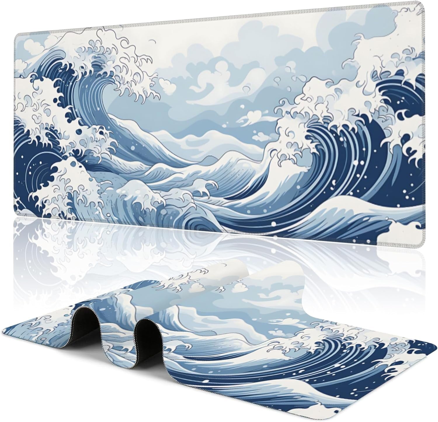 Mountain Gaming Mouse Pad,Japanese Blue and White Sea Wave Desk Mat,31.5"X15.7" Large Desk Pad with Stitched Edge Non...