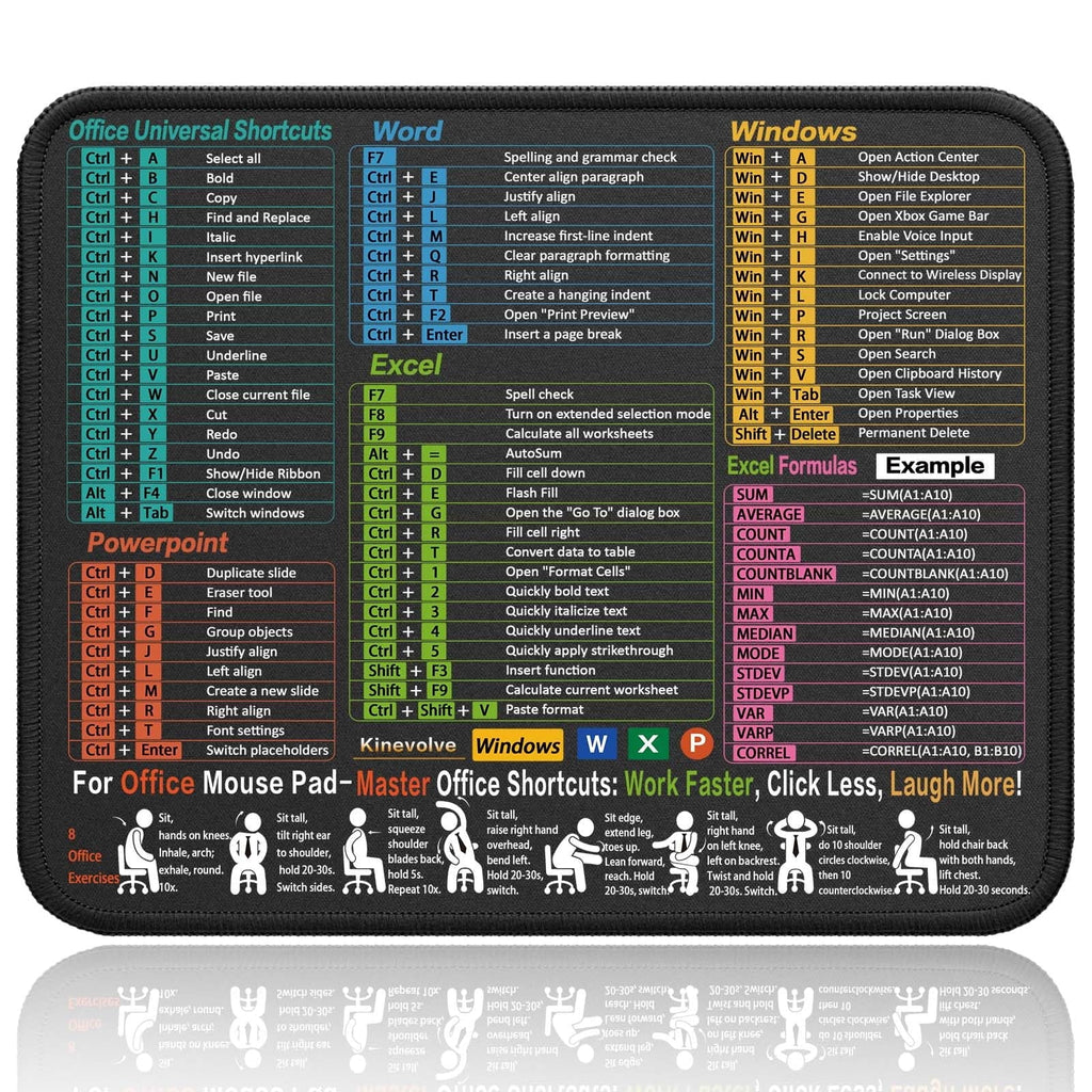 Mouse Pad for Excel/Word/PowerPoint/Windows Shortcuts – Small Excel Cheat Sheet Desk Pad – 11.8"x9.8" Portable Computer Mousepad – Gaming, O