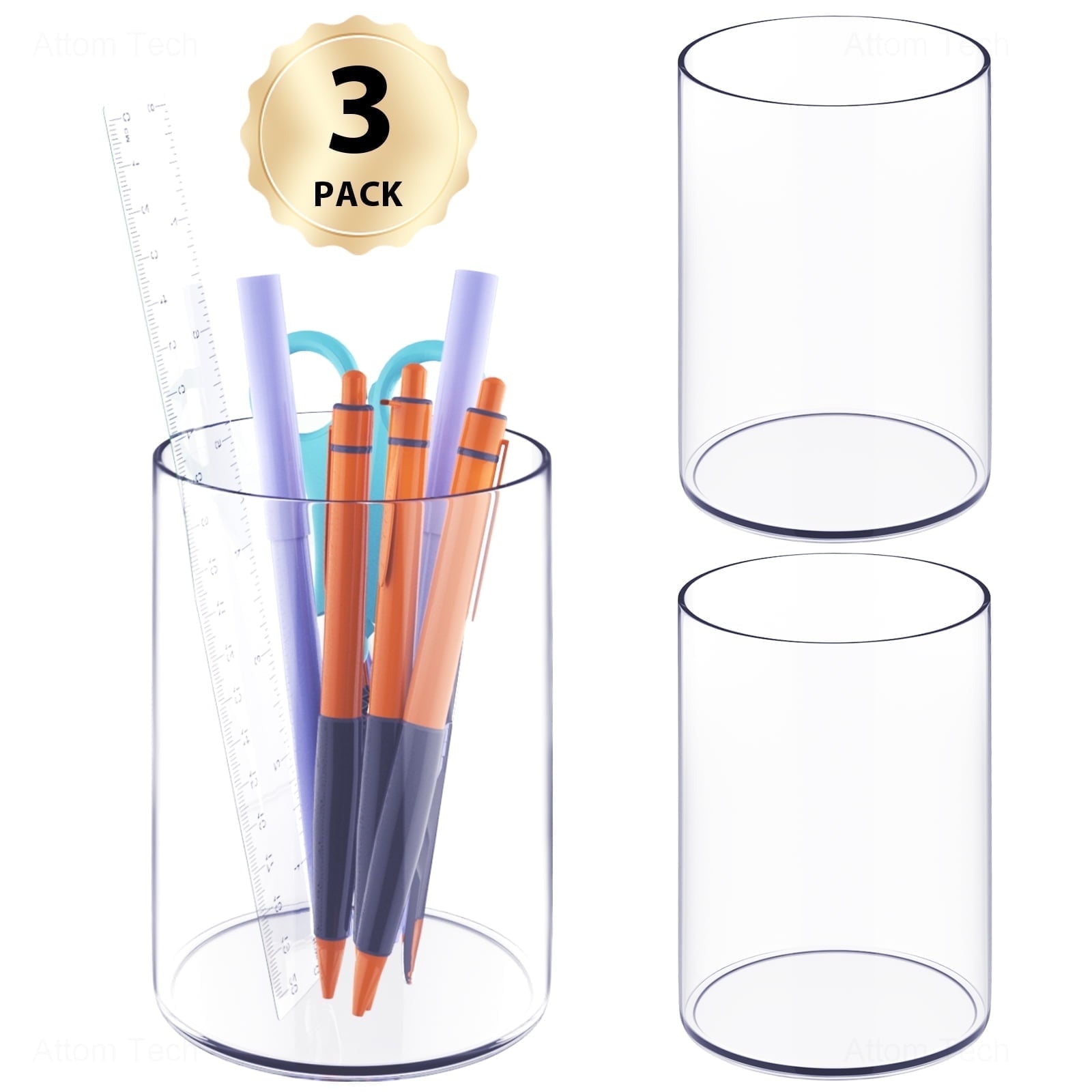 NiOffice Clear Acrylic Pen and Pencil Holders Set of 3, Stylish Plastic Desk Organizer, Round Makeup Brush Storage Perfect for Home and Offi