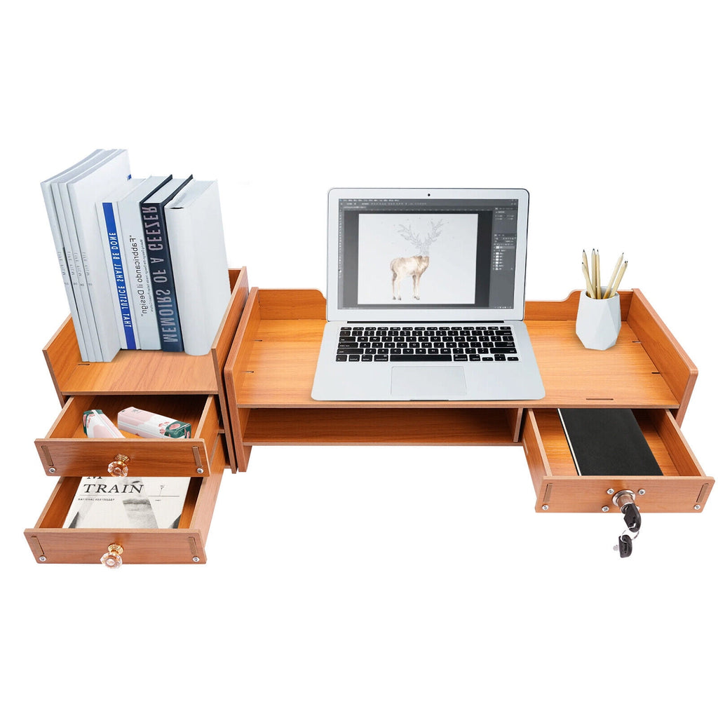 Stand with 3 Drawers Wooden Desk Organizer with Drawers Supplies Tabletop Desktop with Phone Holder