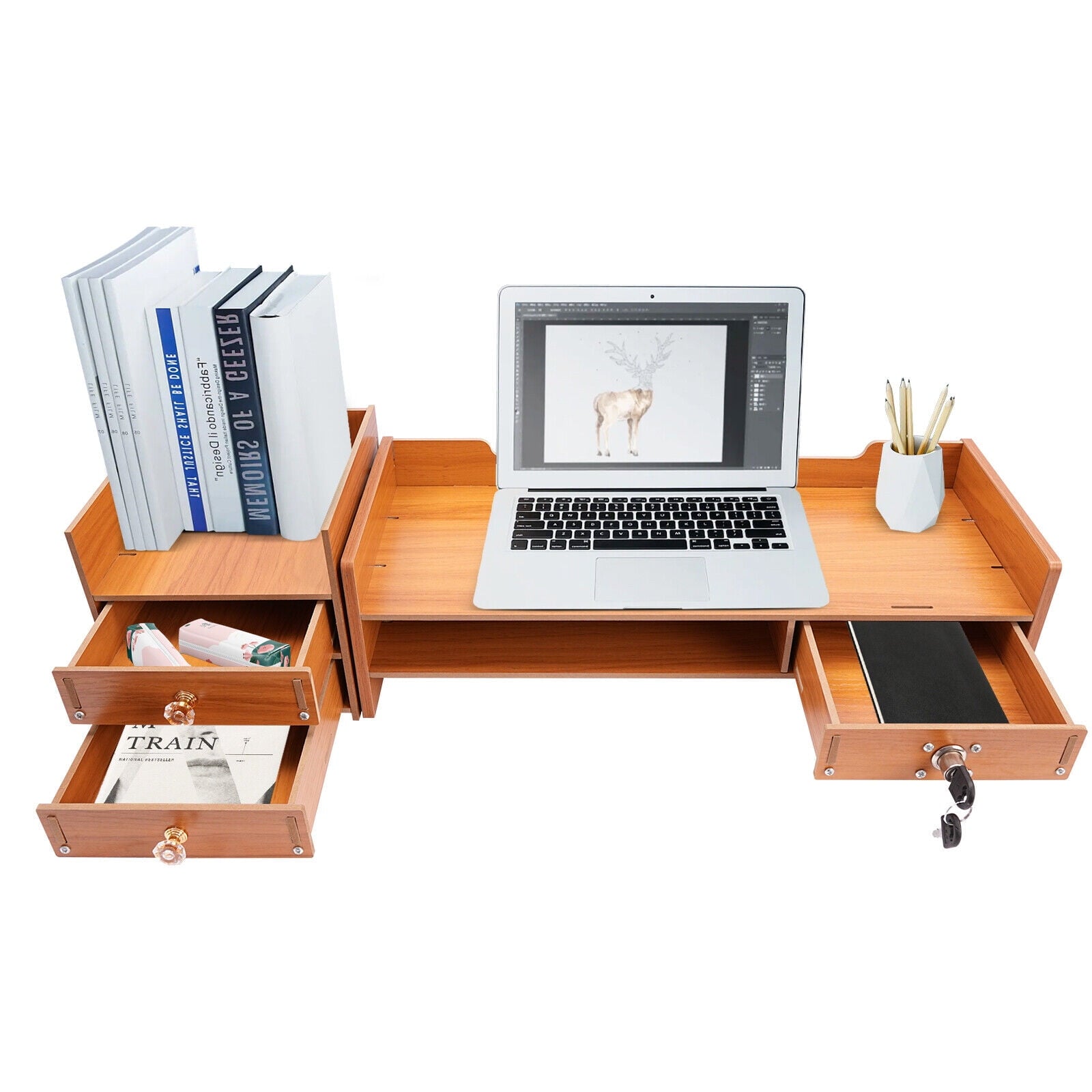 Stand with 3 Drawers Wooden Desk Organizer with Drawers Supplies Tabletop Desktop with Phone Holder