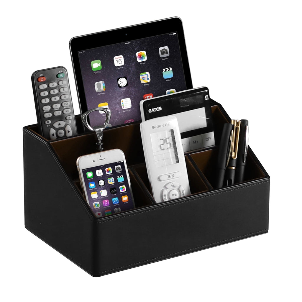 MEIBOOCH PU Leather Desk Organizer, Luxury Remote Control Holder for Home, Office Desk Accessories Table Caddy Bedside Nightstand Organizer