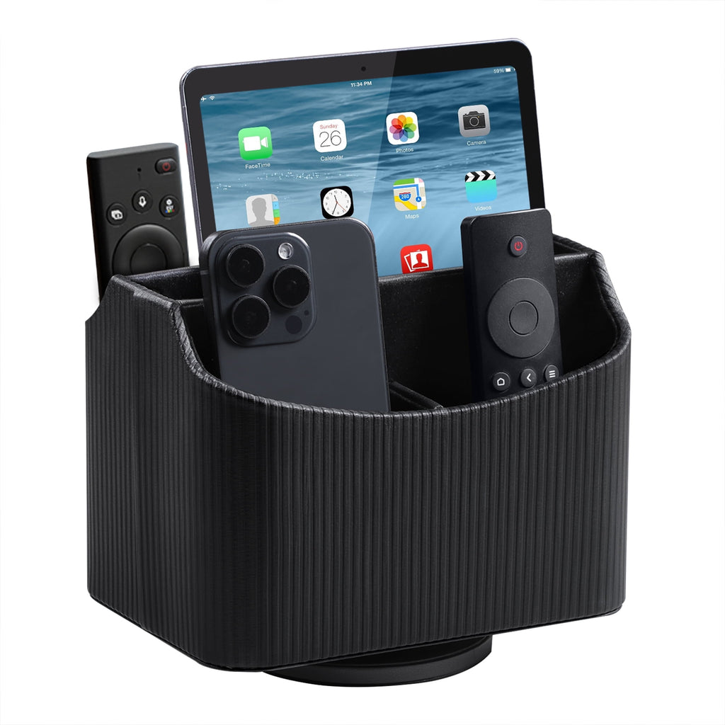 PU Leather Remote Control Holder, 360 Degree Rotating Desk Organizer Storage Table Remote Caddy, Spinning Bedside Org...