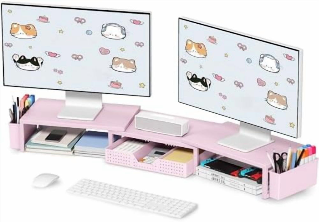 Pink Desk Organizers and Accessories for Women, Dual Computer Monitor Stand Riser with Drawer and 2 Pen Holders, Office Desk Accessories, Wo
