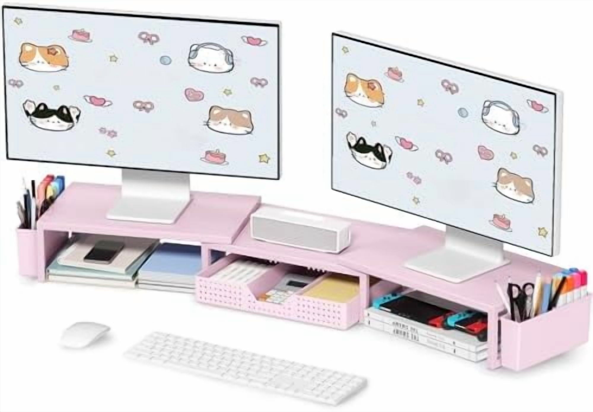 Pink Desk Organizers and Accessories for Women, Dual Computer Monitor Stand Riser with Drawer and 2 Pen Holders, Office Desk Accessories, Wo