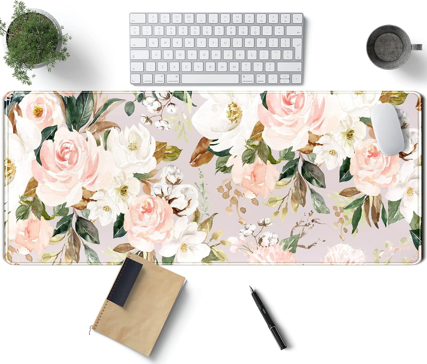 Pink Flowers Keyboard Pad PC Gaming Desk Mat Desk Mouse Pads Green Leaves Floral Mouse Pad Large, Computer XL Big Mou...
