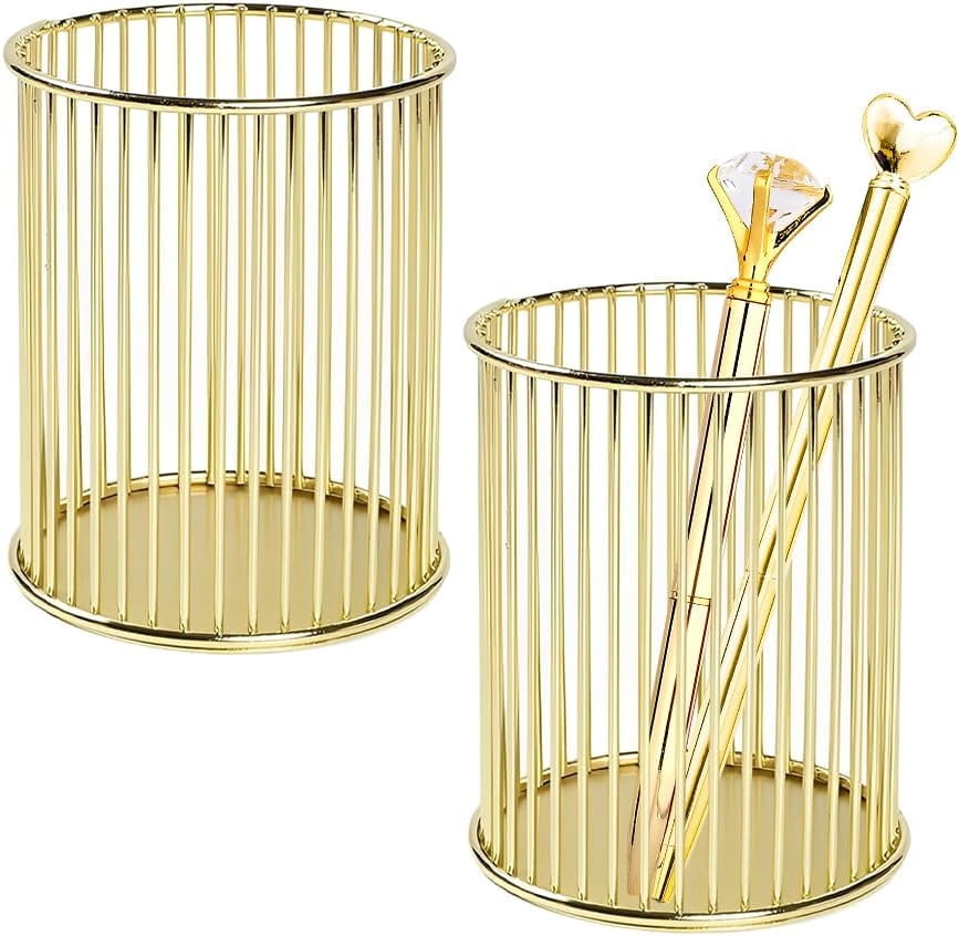 RETON 2 Pack Gold Pencil Holder, Metal Wire Pen Holder for Desk Cute, Makeup Brushes Holder, Pen Cup for with 2 Pens, Desk Organizer Gold fo