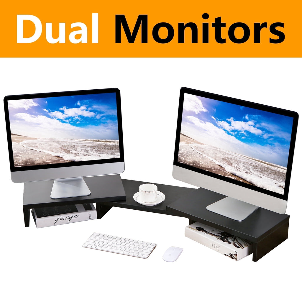 RTVR Dual Monitor Stand Riser Office Desktop Organizer Stand for 2 Monitors, Adjustable Length & Angle 3 Shelf Extra Long for TV Computer La