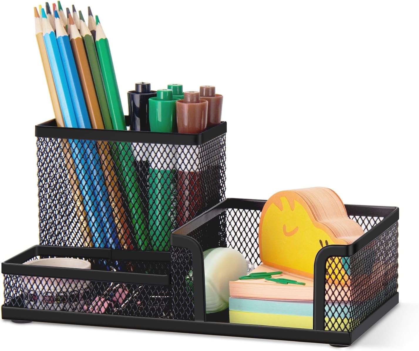Black Mesh Pen Holder Desk Organizer, Office Supplies Pencil Storage with 3 Compartments