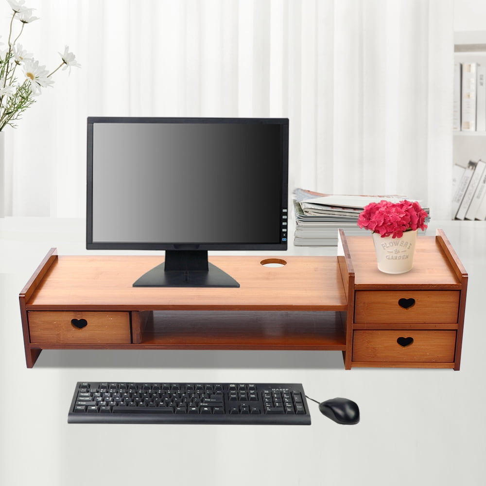 Retro Bamboo Monitor Stand Desk Storage Organizer with Three Drawers and Double Shelves Multifunctional Monitor Stand Riser 110.23lbs Load C