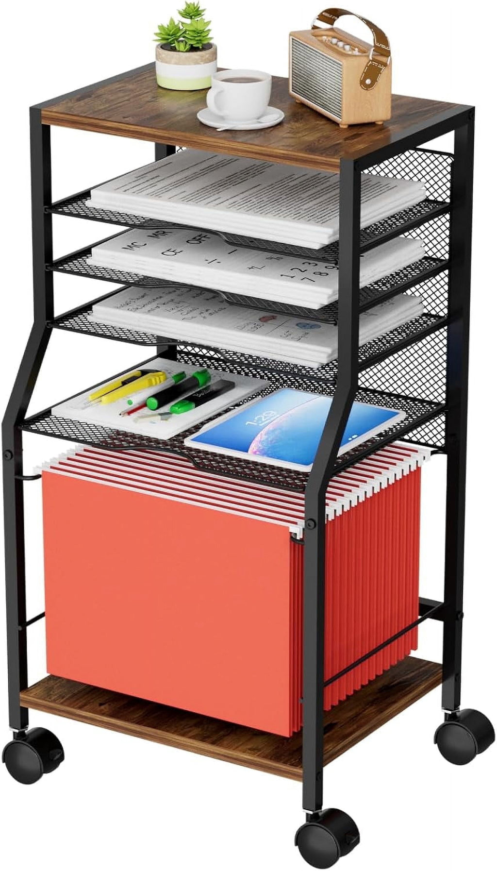 Rolling File Cart, 6 Tiers Under Desk Organizer on Wheels, Wood Planks and Mesh Cart with Hanging File Folders Rack and Paper Trays, Black