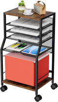 Rolling File Cart, 6 Tiers Under Desk Organizer on Wheels, Wood Planks and Mesh Cart with Hanging File Folders Rack and Paper Trays, Black