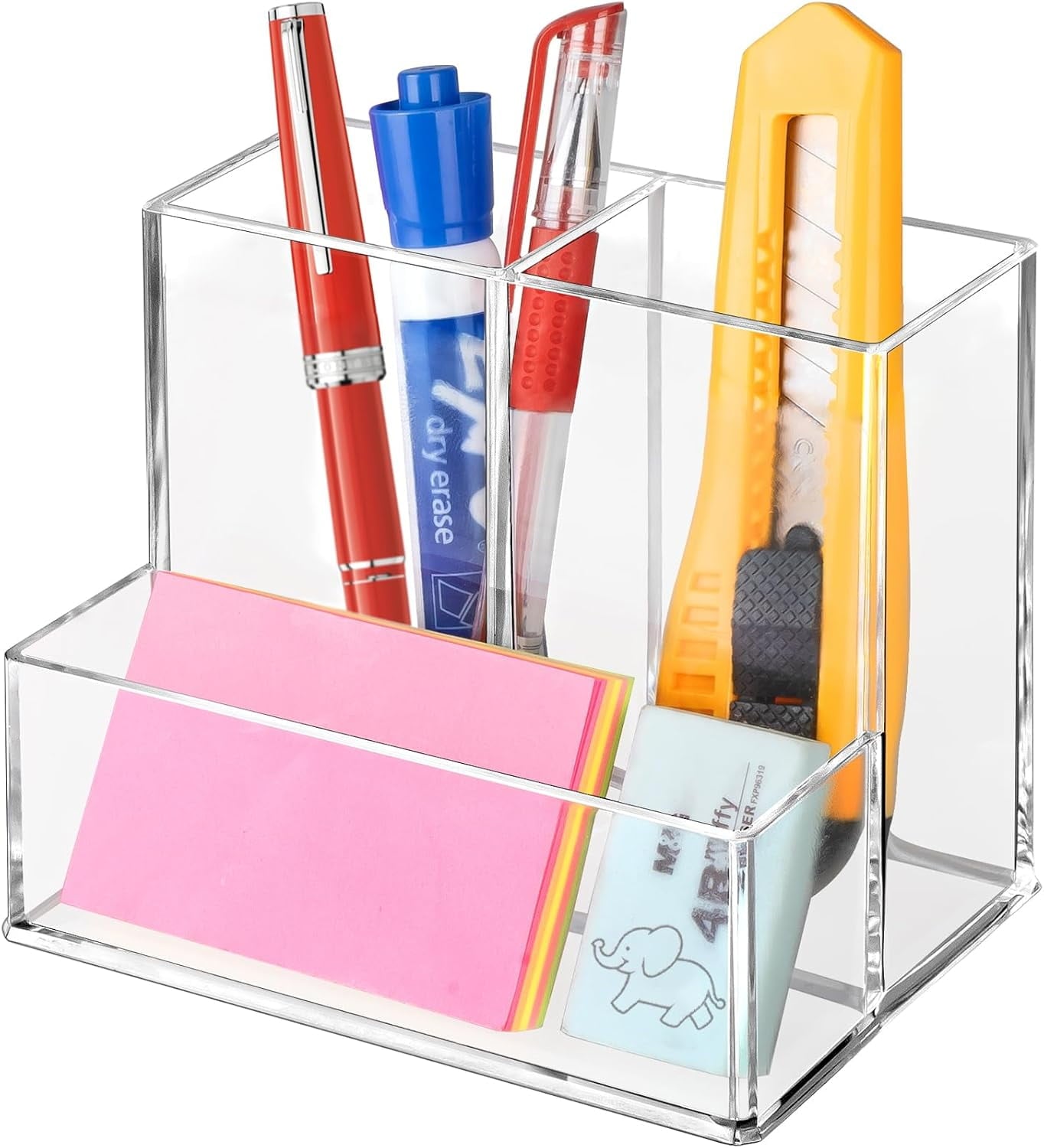 Pen Holder for Desk, Clear Acrylic Pencil Holder for Desk, Marker Holder with 3 Compartments, Pencil Organizer for Ho...