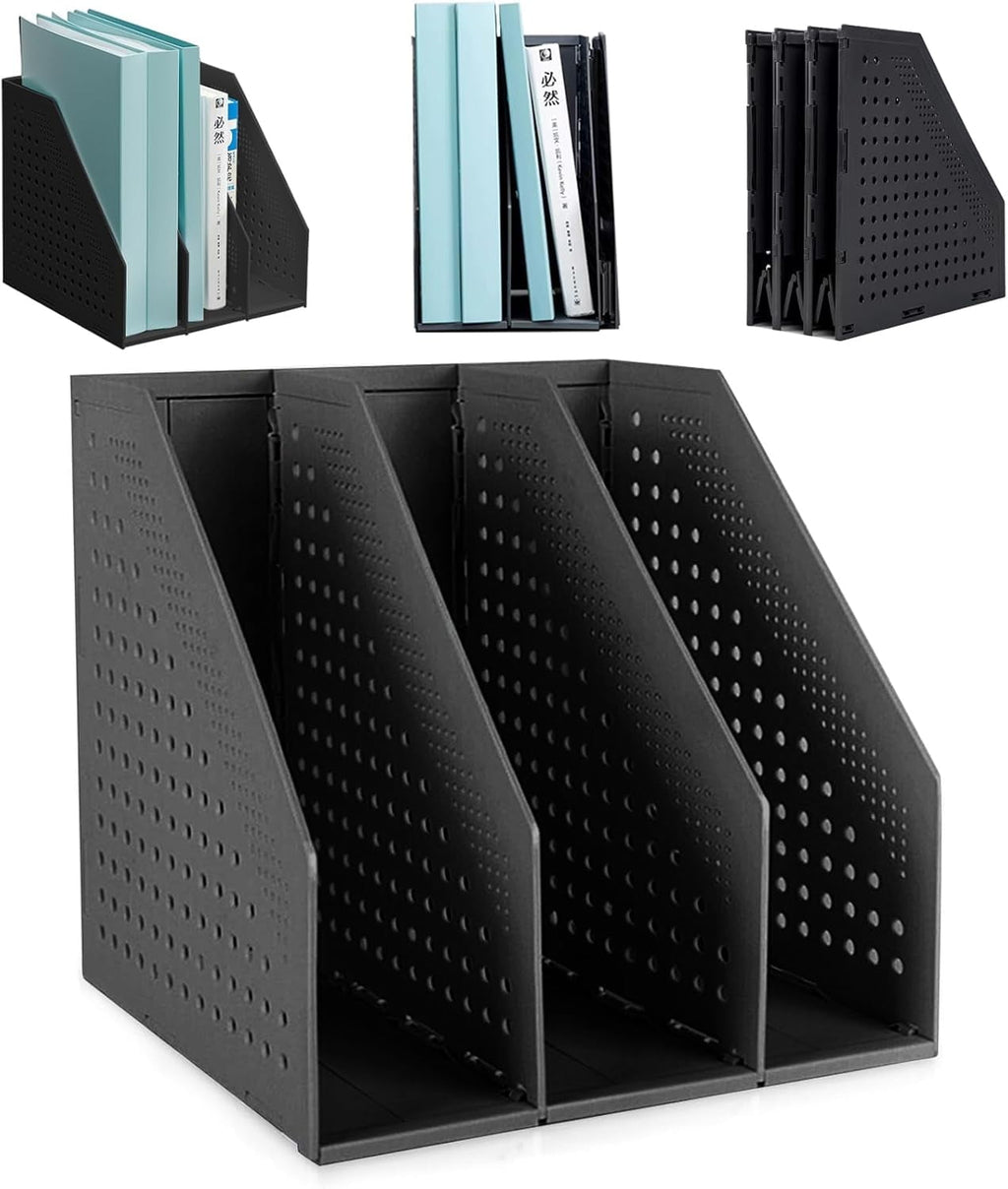 SAYEEC Black Collapsible Magazine File Holder Plastic 3-Compartment Vertical File Organizer, Sturdy Desk Folder Rack for Office, School & Ho